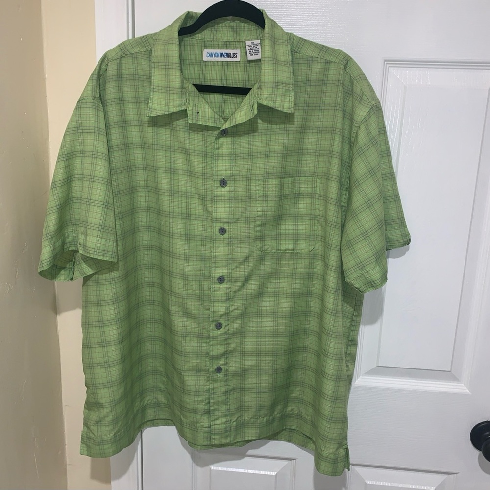 Men’s Short Sleeve Button Shirt Green Stripe Size XL
